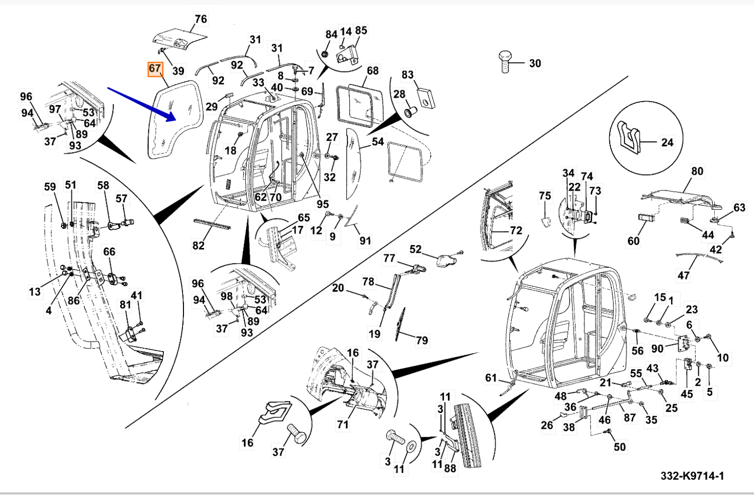 Стекло боковое правое JCB JS (OEM) 333/E2509